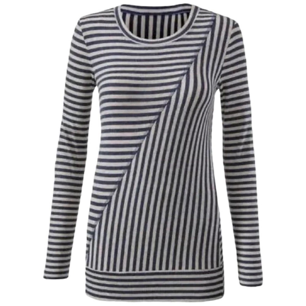 CAbi Ernest Striped Asymmetrical Long Sleeve Round Neck Oatmeal Navy M